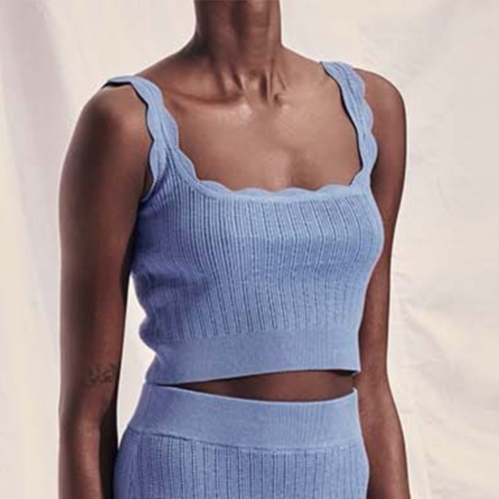 Mango Blue Ribbed Knit Top